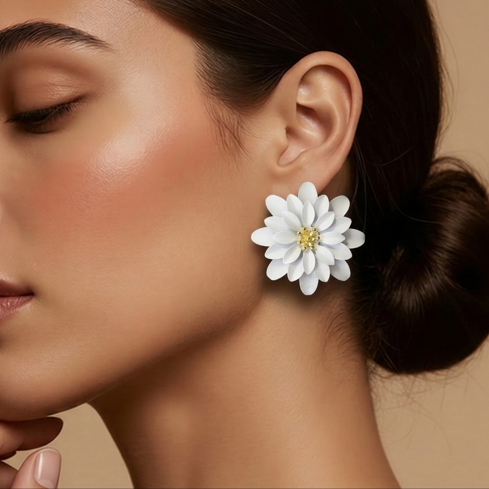 White Chrysanthemum Flower Stud Earrings Bold Floral Statement Summer Wedding